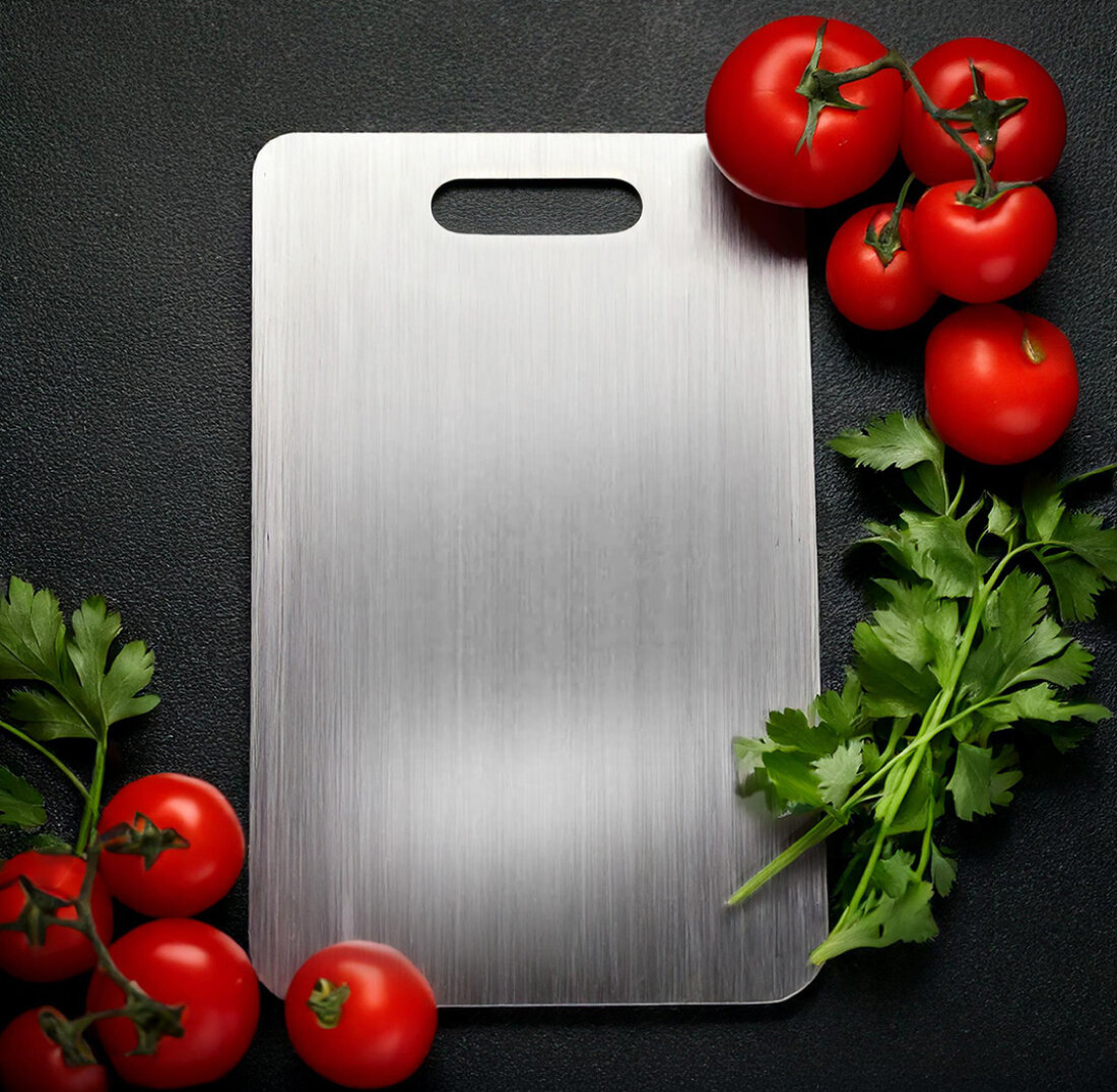 Katori titanium cutting board with fresh tomatoes and herbs